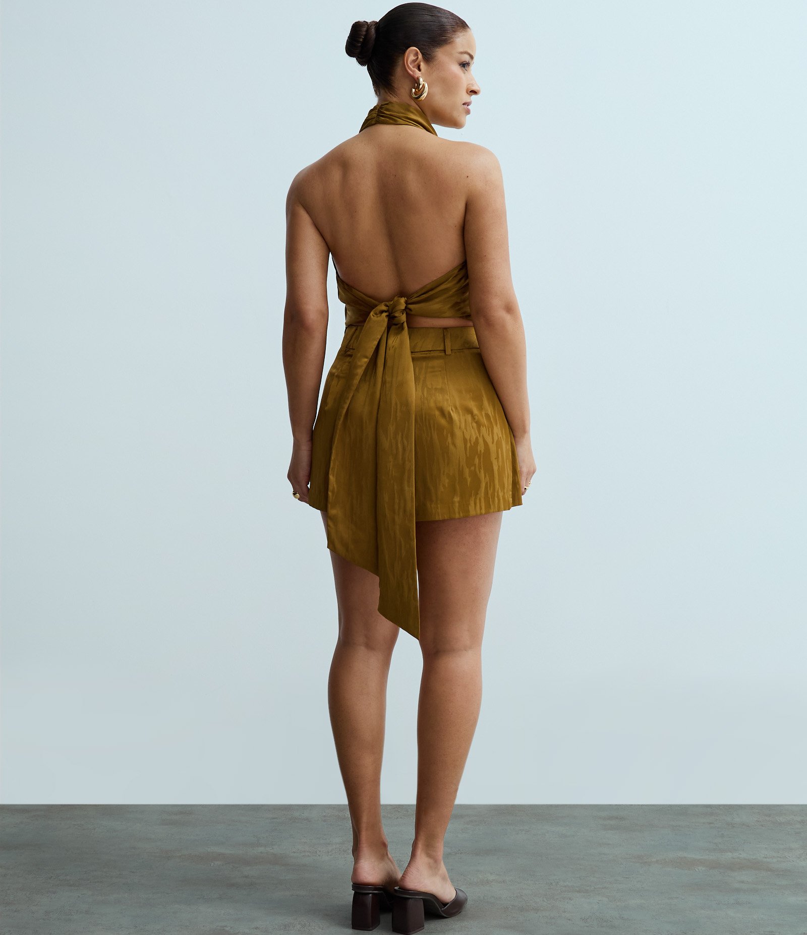 Blusa Frente Única em Jacquard Acetinado com Decote Degagê e Efeito Manchado Amarelo 3