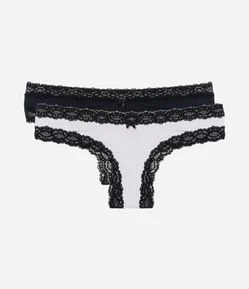 Kit 02 Calcinhas Biquíni Fio em Microfibra com Renda nas Cavas