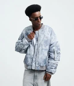 Jaqueta Bomber em Microfibra com Estampa Marmorizado