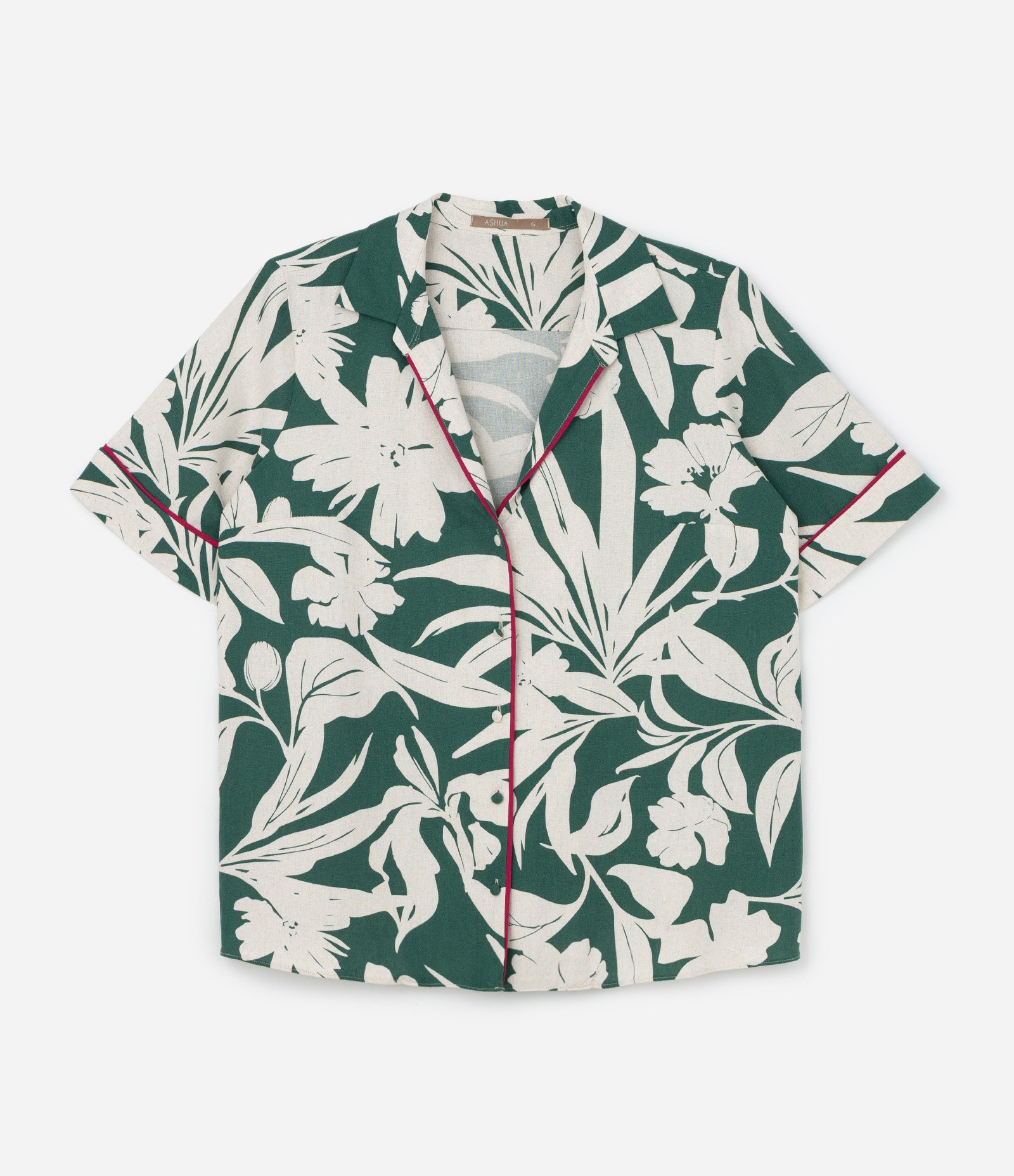 Camisa em Viscolinho com Estampa de Folhagem e Viés Contrastante Curve & Plus Size Verde 5