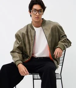 Jaqueta Bomber em PU com Zíper e Bolsos