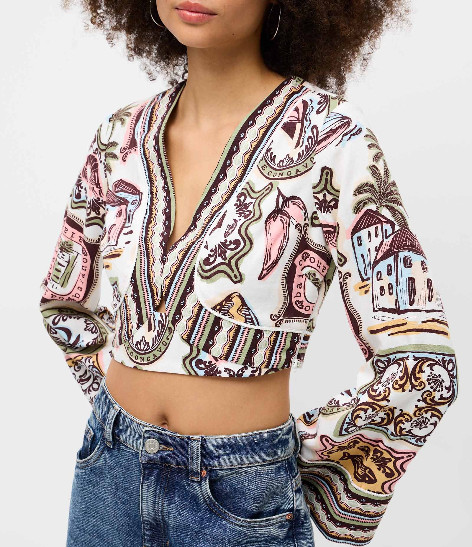Blusa Cropped em Viscolinho Estampa Reconcavo Baiano Off White 3