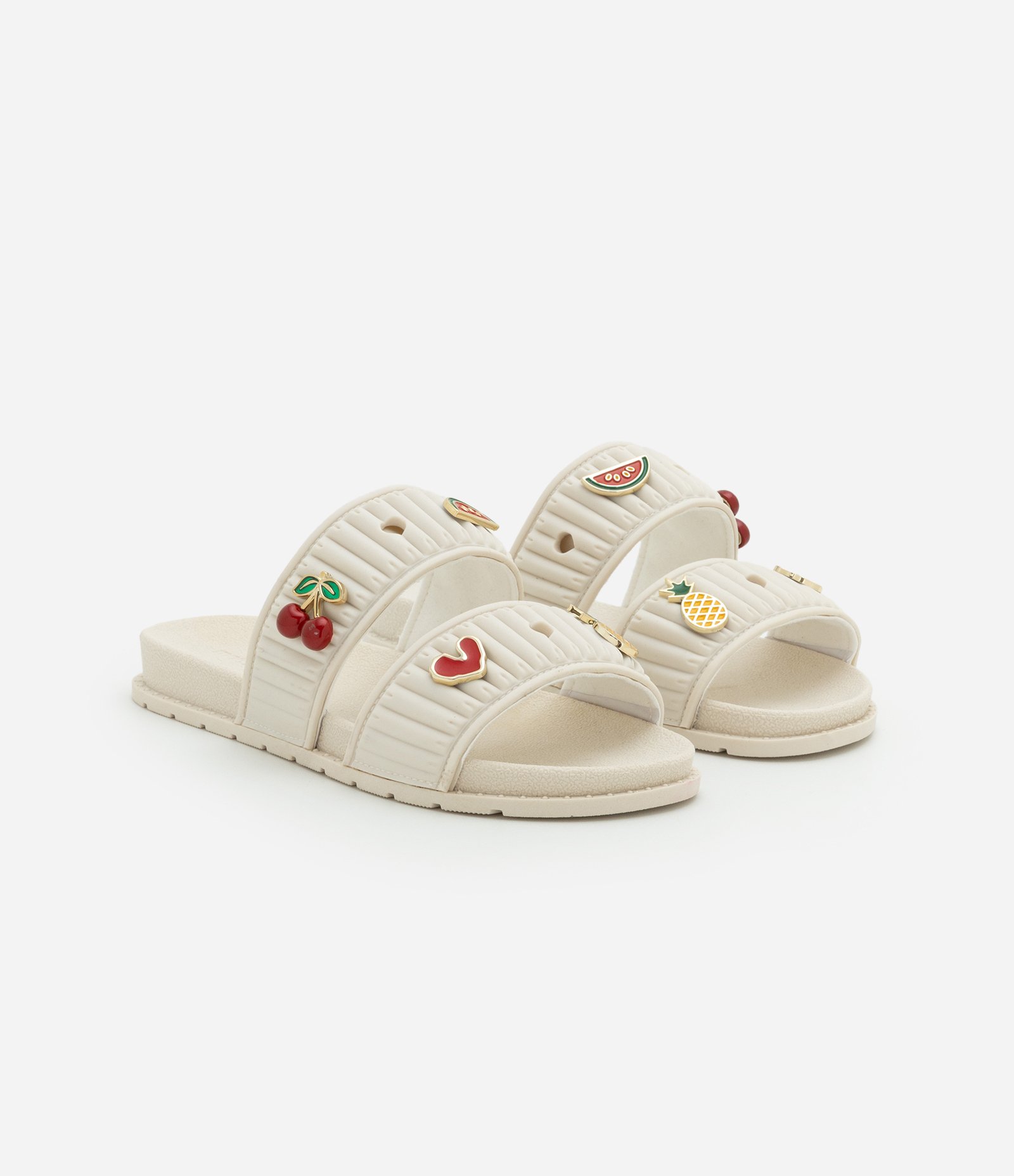 Chinelo Infantil Slide em PU com Cerejinhas Molekinha - Tam 26 ao 36 Off White 1