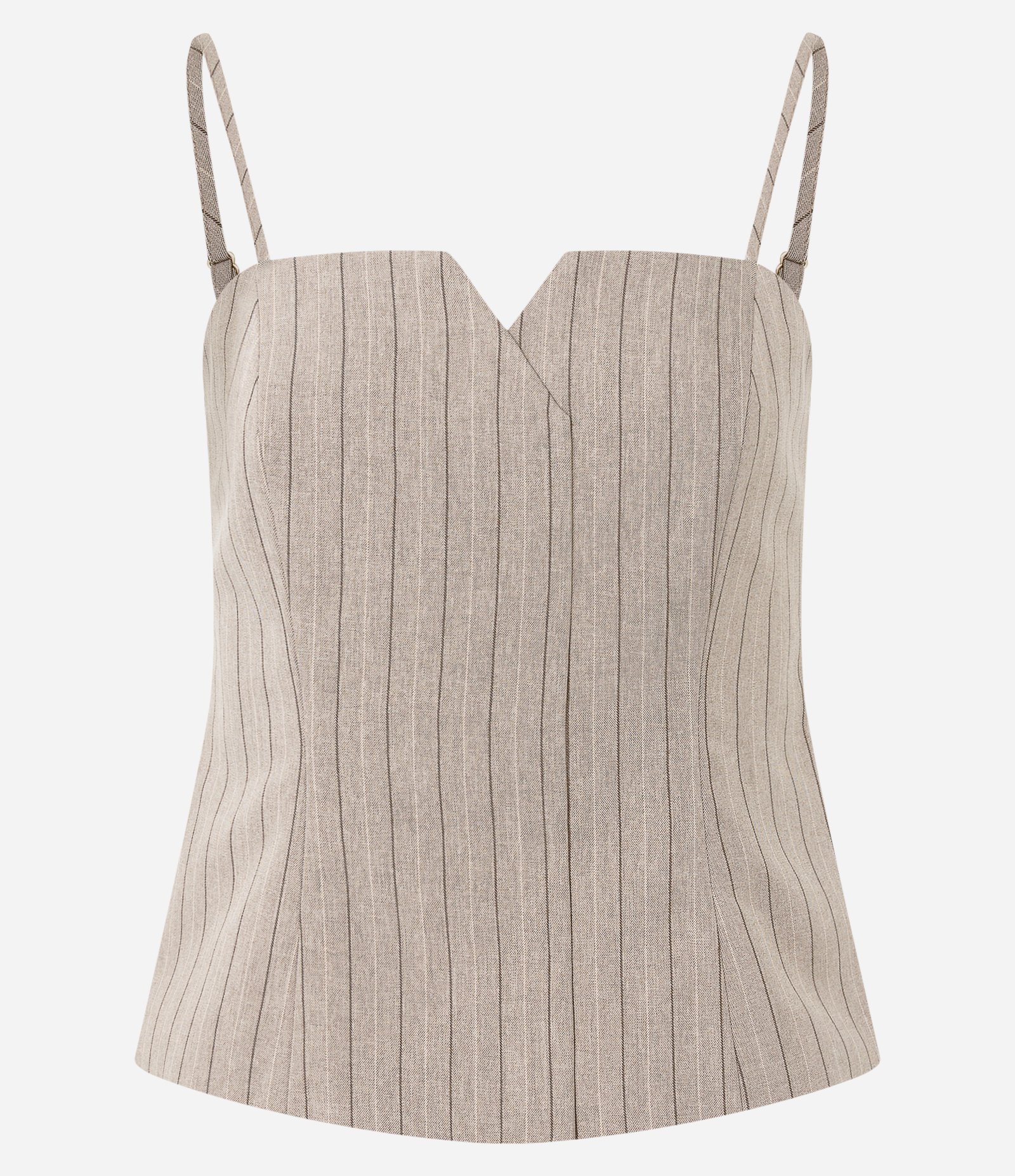 Blusa com Alça Fina em Alfaiataria e Estampa Listrada Bege 4
