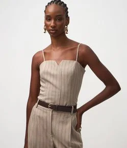 Blusa com Alça Fina em Alfaiataria e Estampa Listrada
