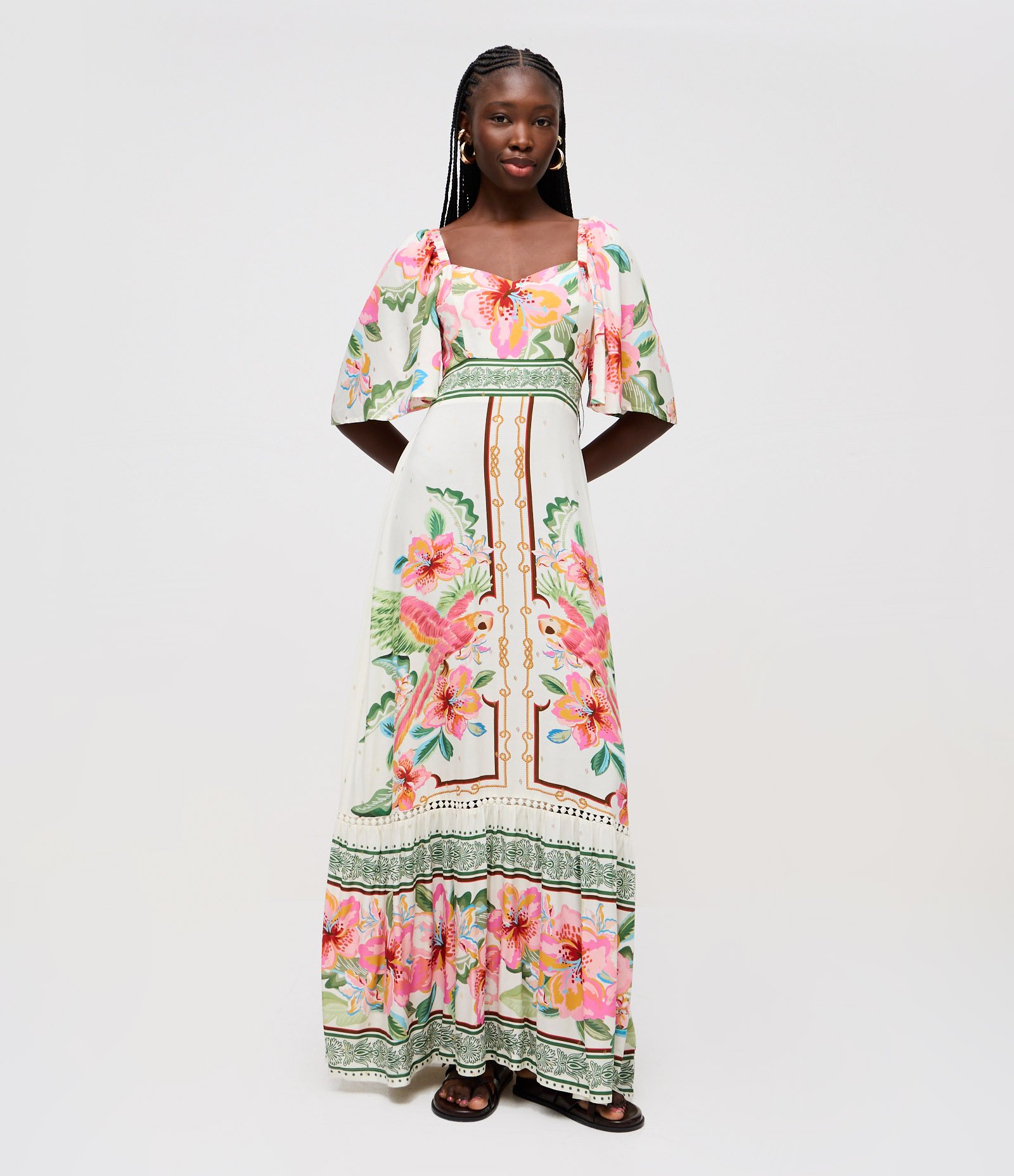 Vestido Long Midi com Manga Ampla Estampado Multicores 1