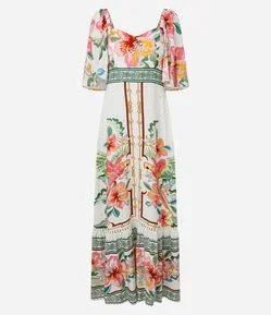 Vestido Long Midi com Manga Ampla Estampado