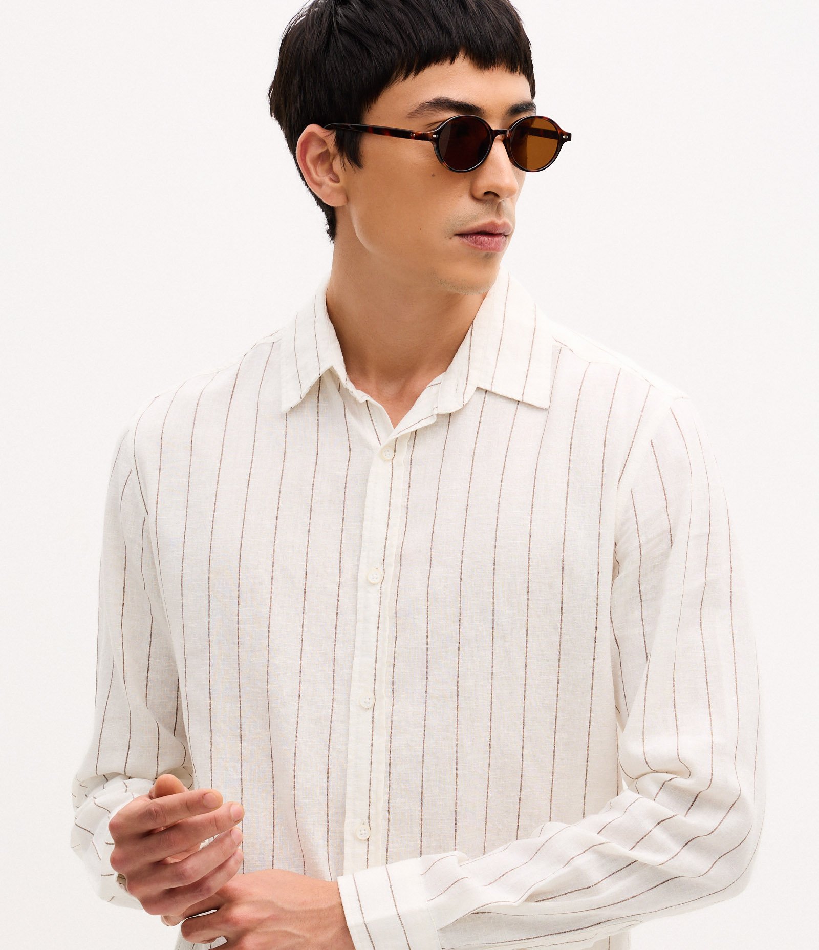 Camisa Regular em Linho com Estampa de Listra Fio Tinto e Texturizada Branco 3