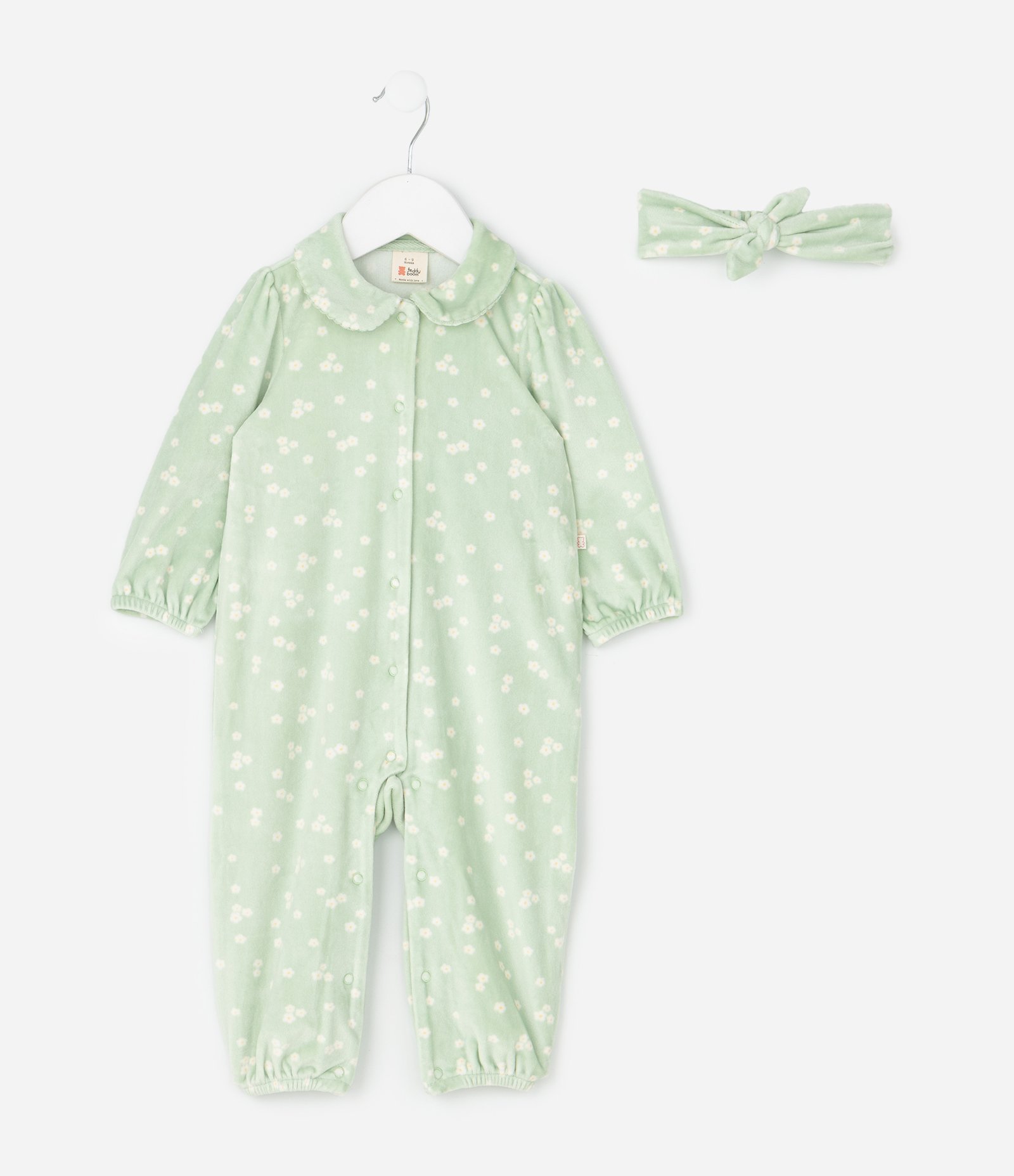 Macacão Bebê e Faixa de Cabelo com Estampa Floral – Tam 0 a 18 Meses Verde Claro 1
