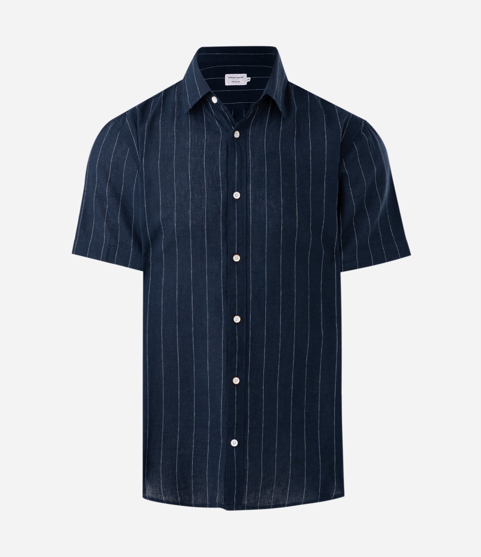 Camisa Manga Curta em Linho Listrada Azul 1