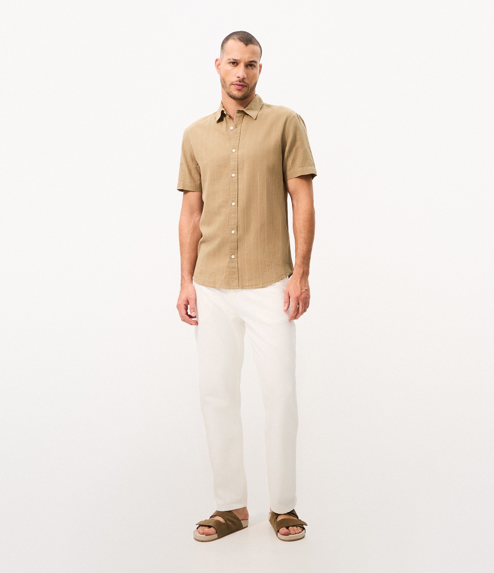 Camisa Listrada em Linho e Algodão Marrom 2