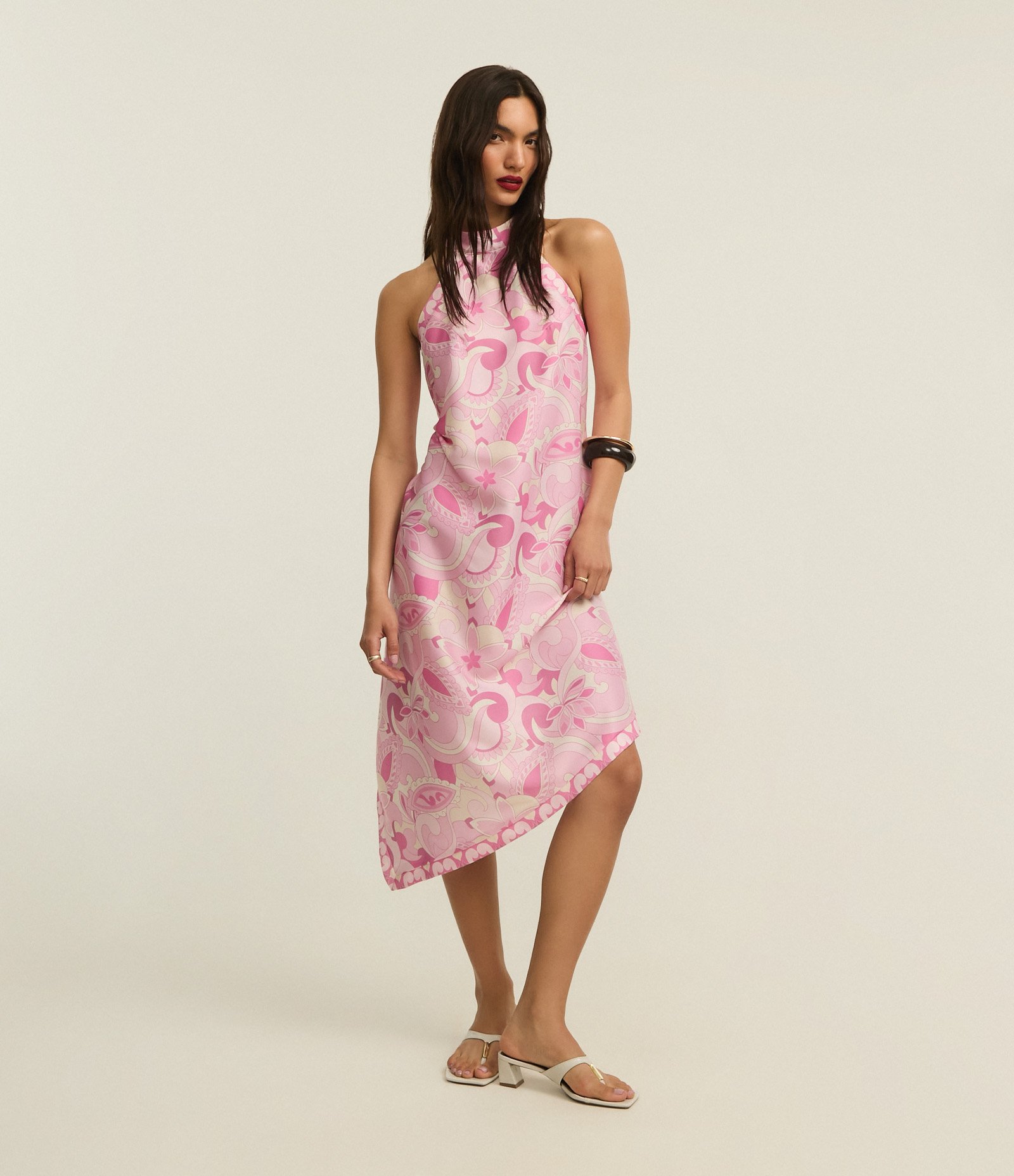 Vestido Midi Frente Única em Cetim com Estampa Floral Paisley Rosa/Branco 1