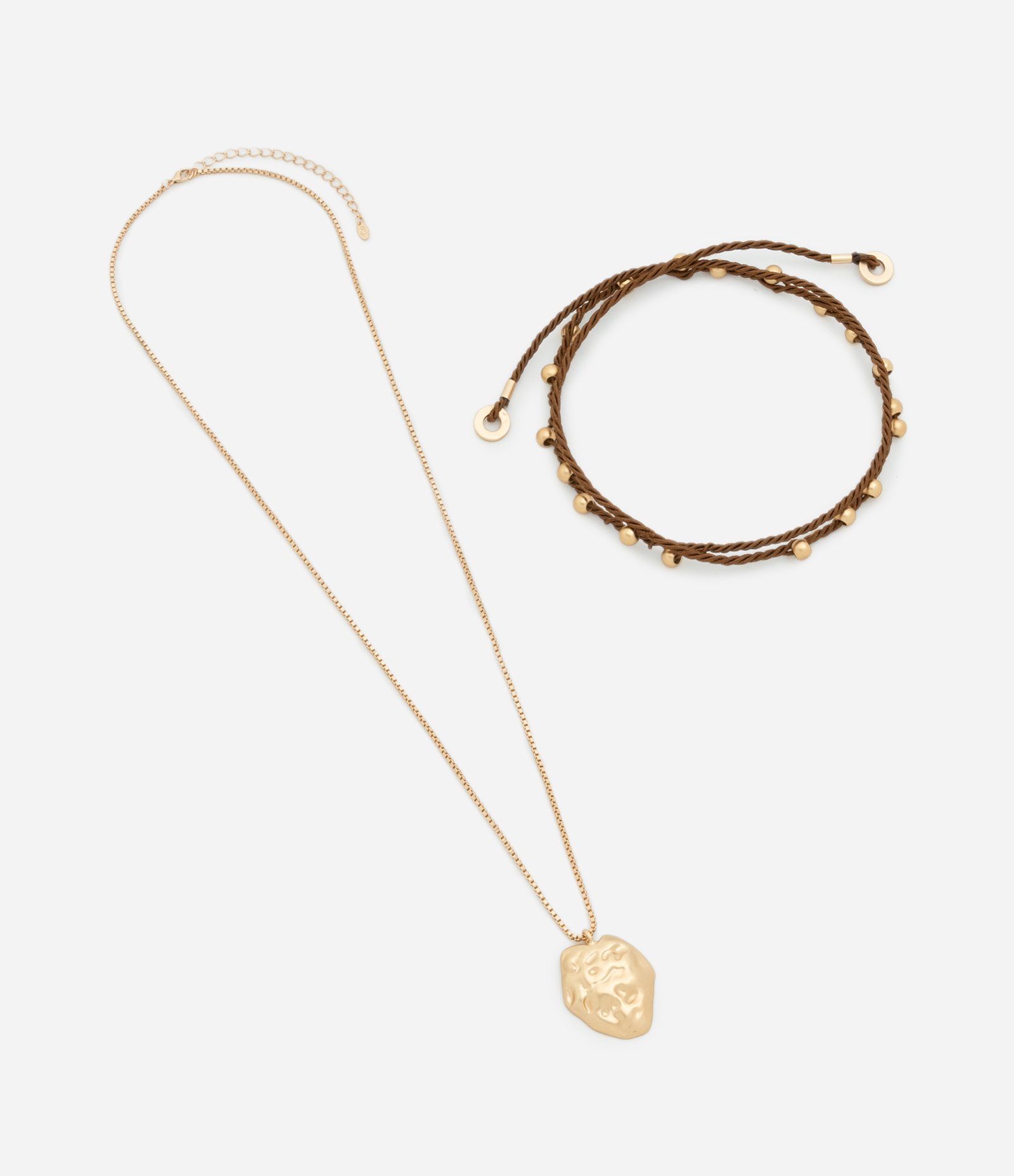 Colar Camadas com Corrente de Cordão com Esferas e Pingente Orgânico Marrom/Dourado 2