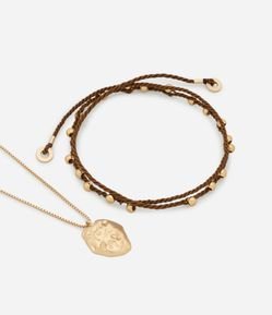 Colar Camadas com Corrente de Cordão com Esferas e Pingente Orgânico