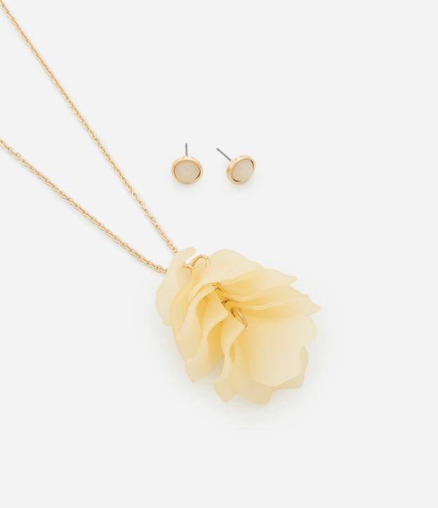 Conjunto de Colar Longo com Pingente de Pétalas e Brinco Botão