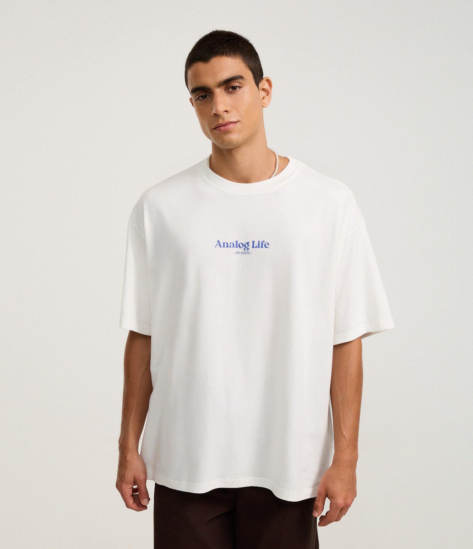 Camiseta Oversized em Algodão com Estampa e Lettering Analog Life Bege 1