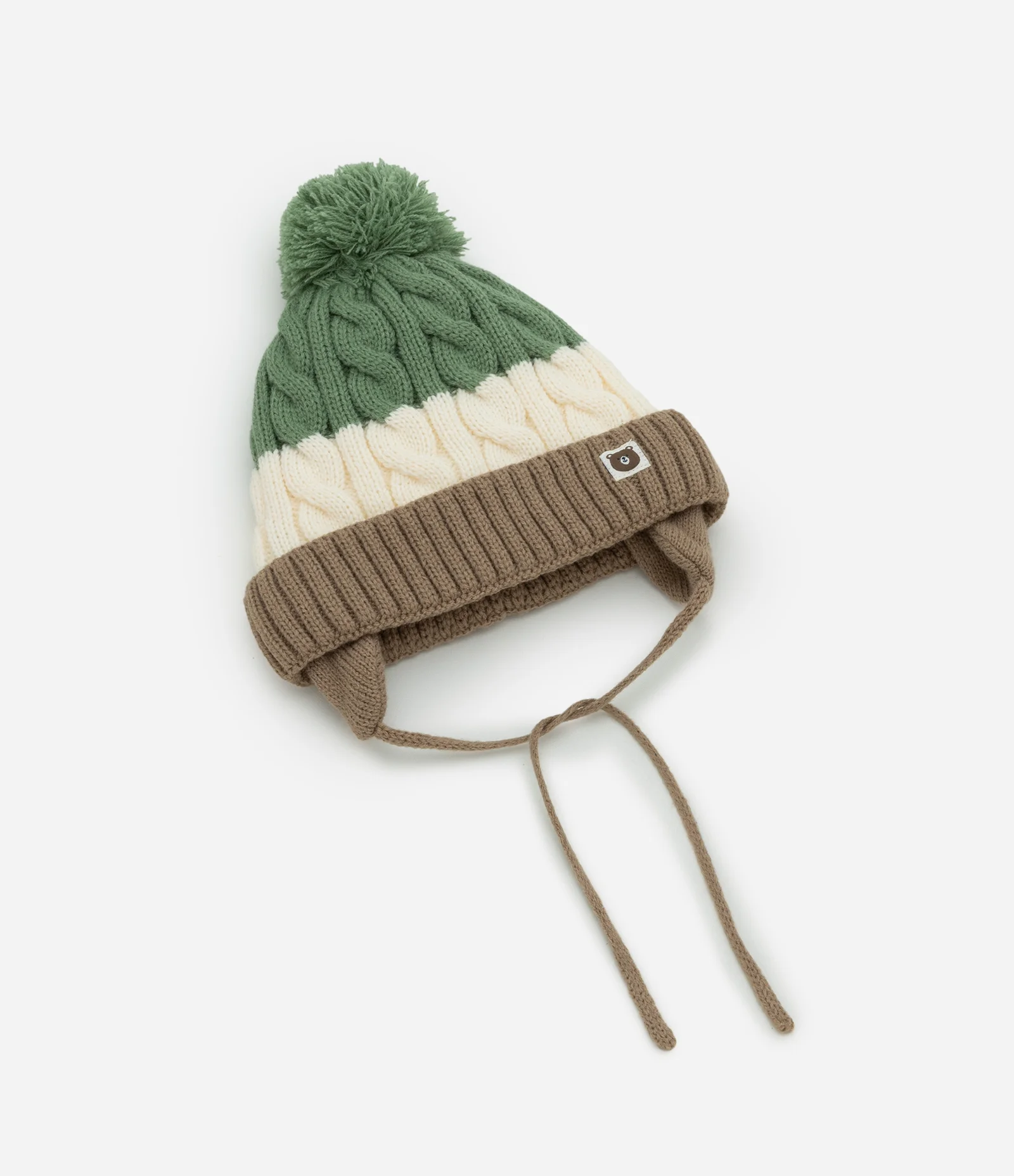 Touca Infantil em Efeito Tricô com Listras e Pompom – Tam 0 a 12 Meses Verde/Off White/Marrom 1