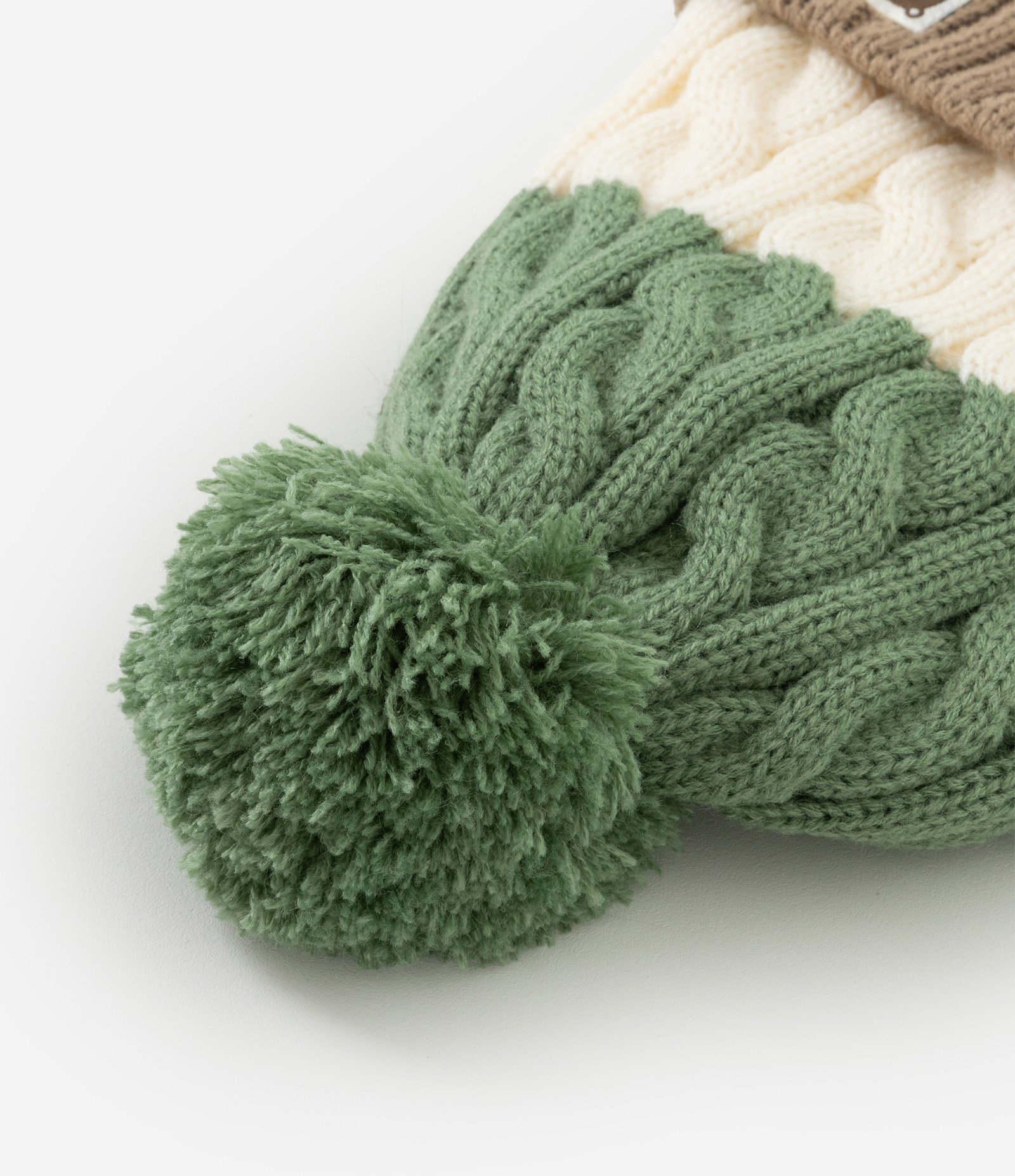 Touca Infantil em Efeito Tricô com Listras e Pompom – Tam 0 a 12 Meses Verde/Off White/Marrom 2