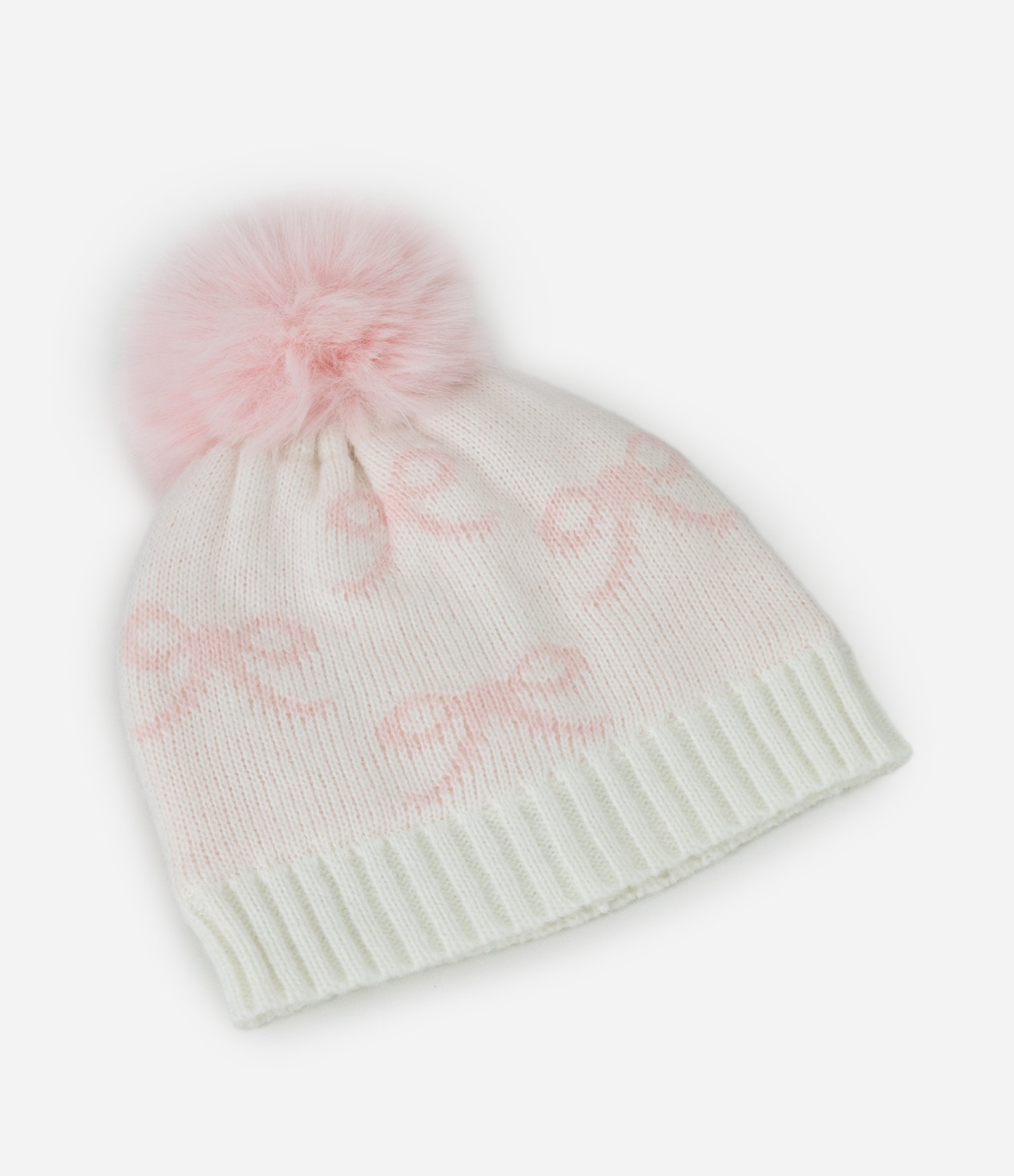 Touca Infantil em Efeito Tricô com Laços e Pompom – Tam 0 a 12 Meses Off White 1