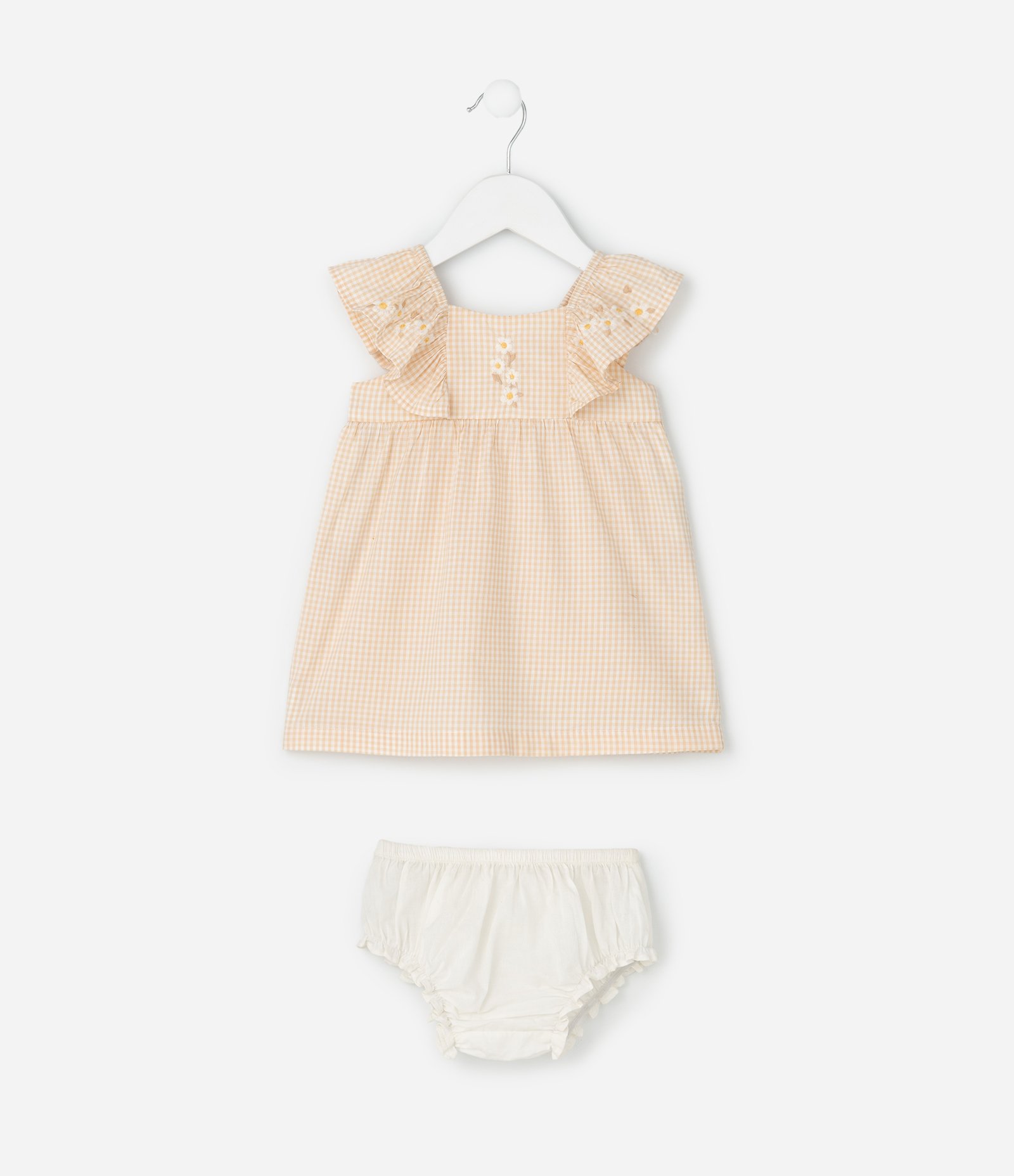 Vestido Infantil Xadrez Vichy com Calcinha - Tam 0 a 18 meses Bege 1