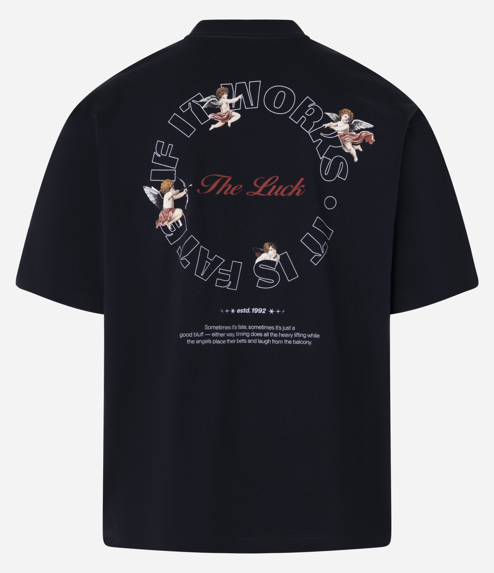 Camiseta Boxy em Algodão com Estampa de Anjos e Lettering The Luck Preto 7