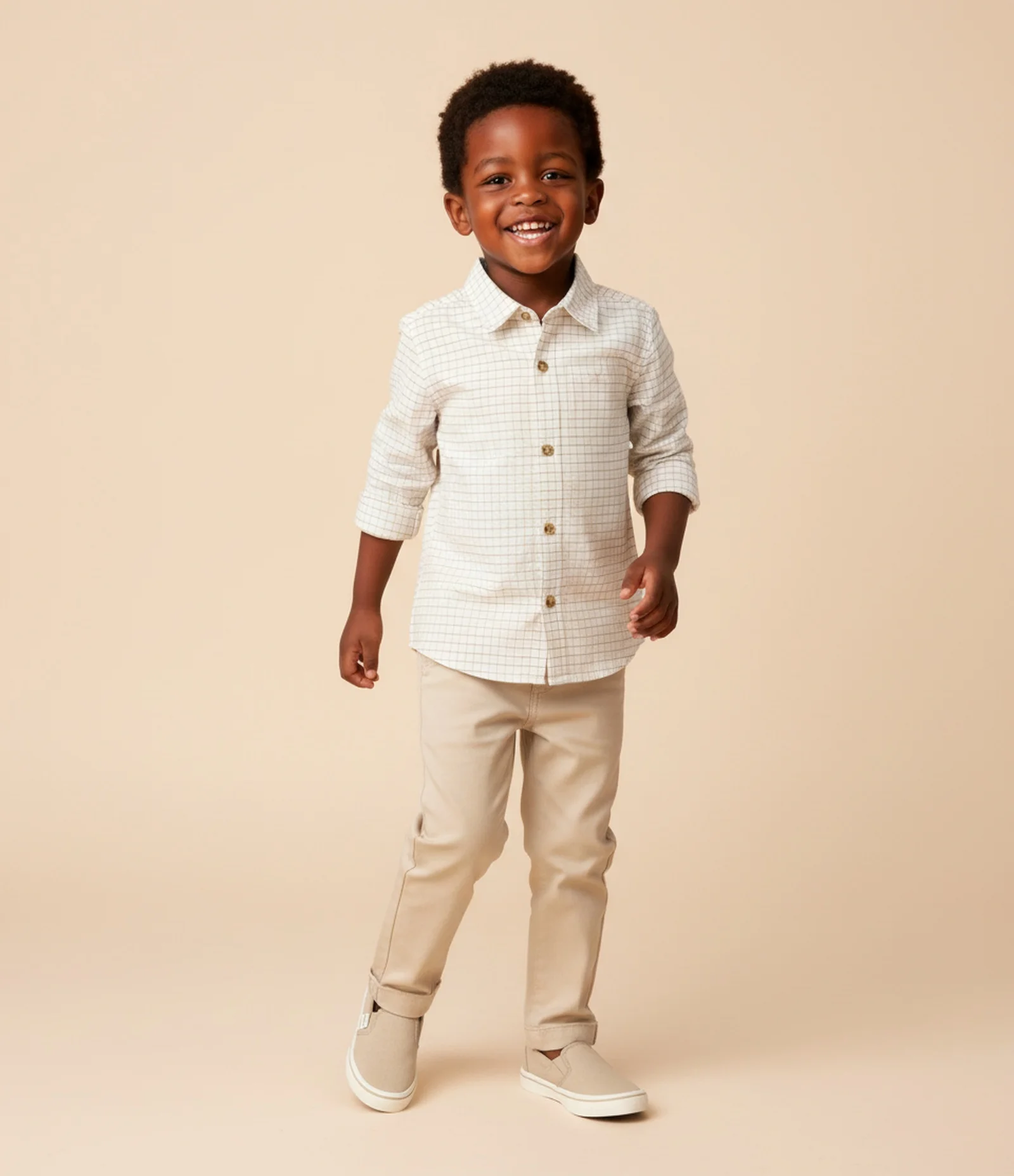 Camisa Infantil em Flanela Xadrez com Bolsos – Tam 1 a 6 Anos Bege Claro 1