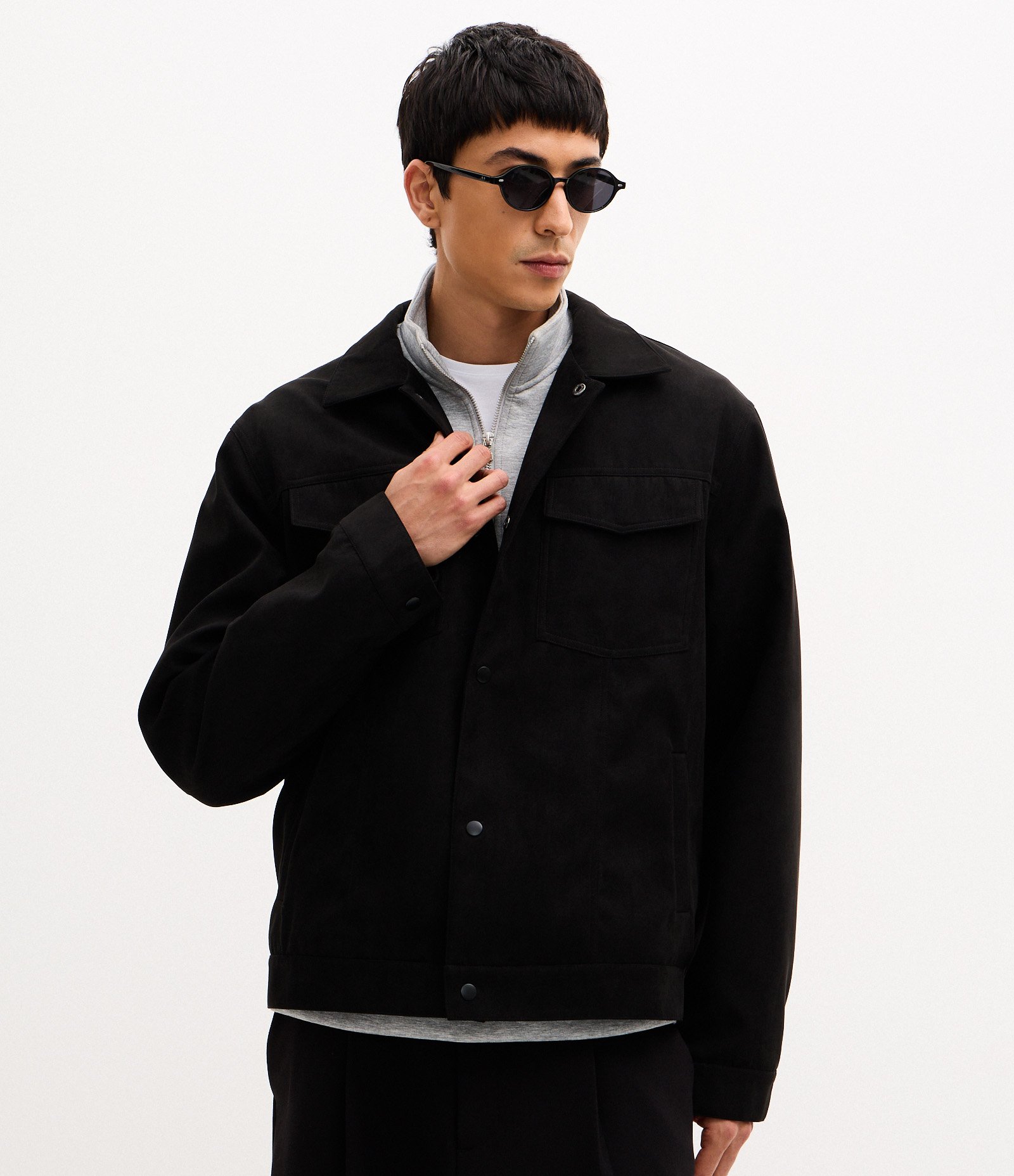 Jaqueta Trucker em Suede com Botões Preto 1