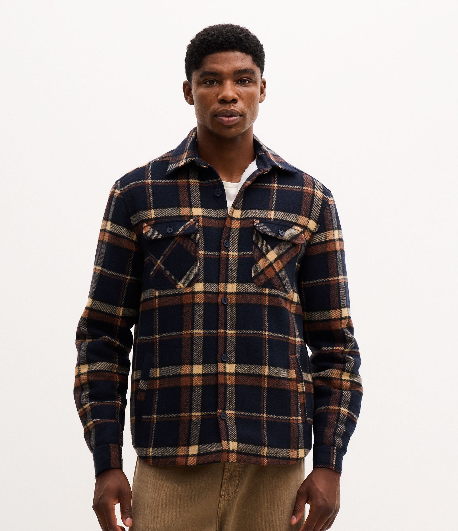 Jaqueta Trucker em Flanela com Estampa Xadrez e Sherpa Azul 1