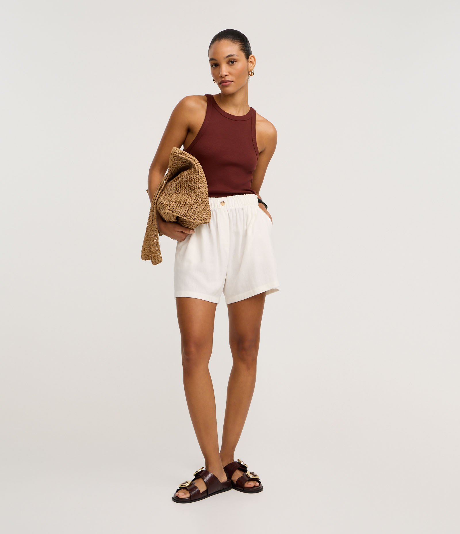 Short Runner em Viscolinho com Botão no Cós Off White 1