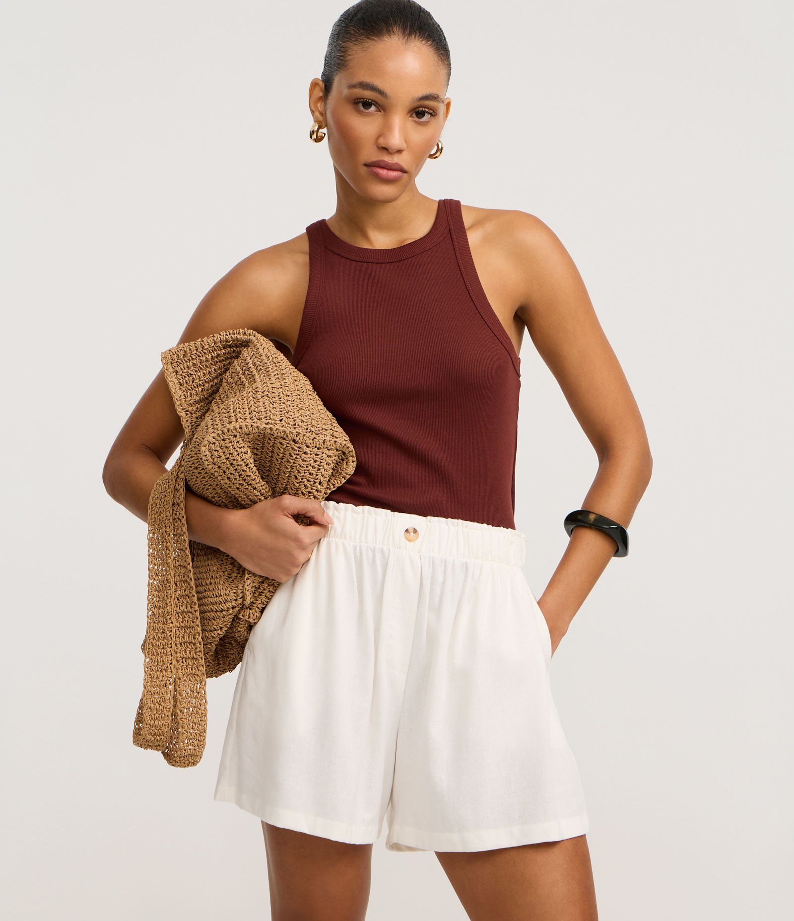 Short Runner em Viscolinho com Botão no Cós Off White 2