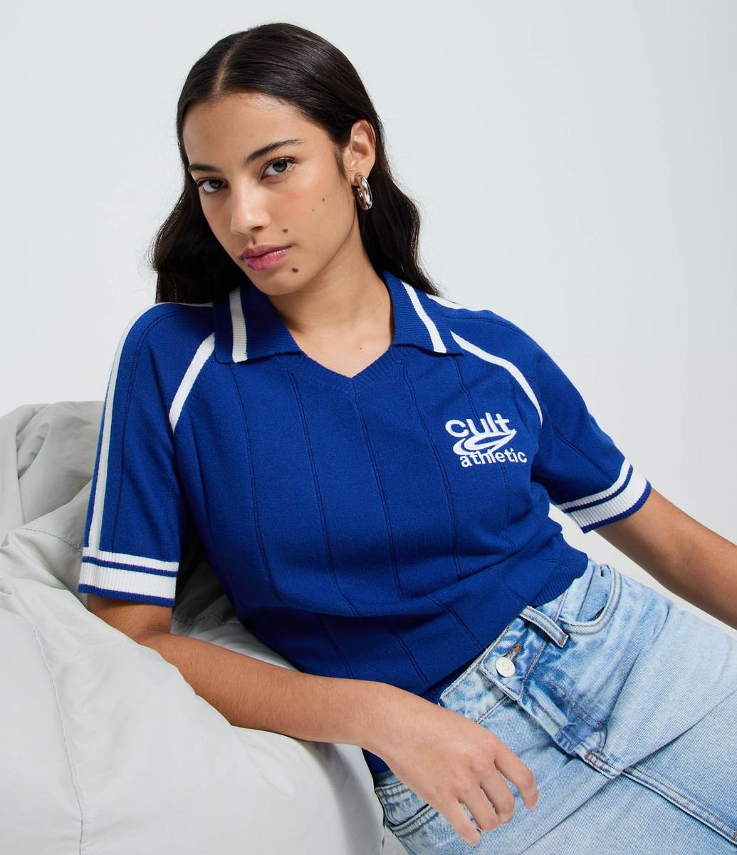 Camiseta Polo Esportiva em Tricô com Punho Listrado Azul