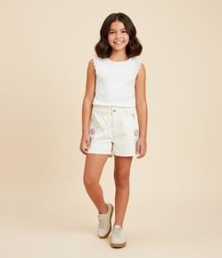 Short Infantil Clochard em Sarja com Estampa Tropical Bordada - Tam 5 a 14 Anos
