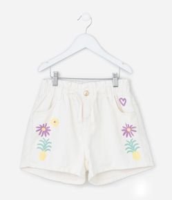 Short Infantil Clochard em Sarja com Estampa Tropical Bordada - Tam 5 a 14 Anos