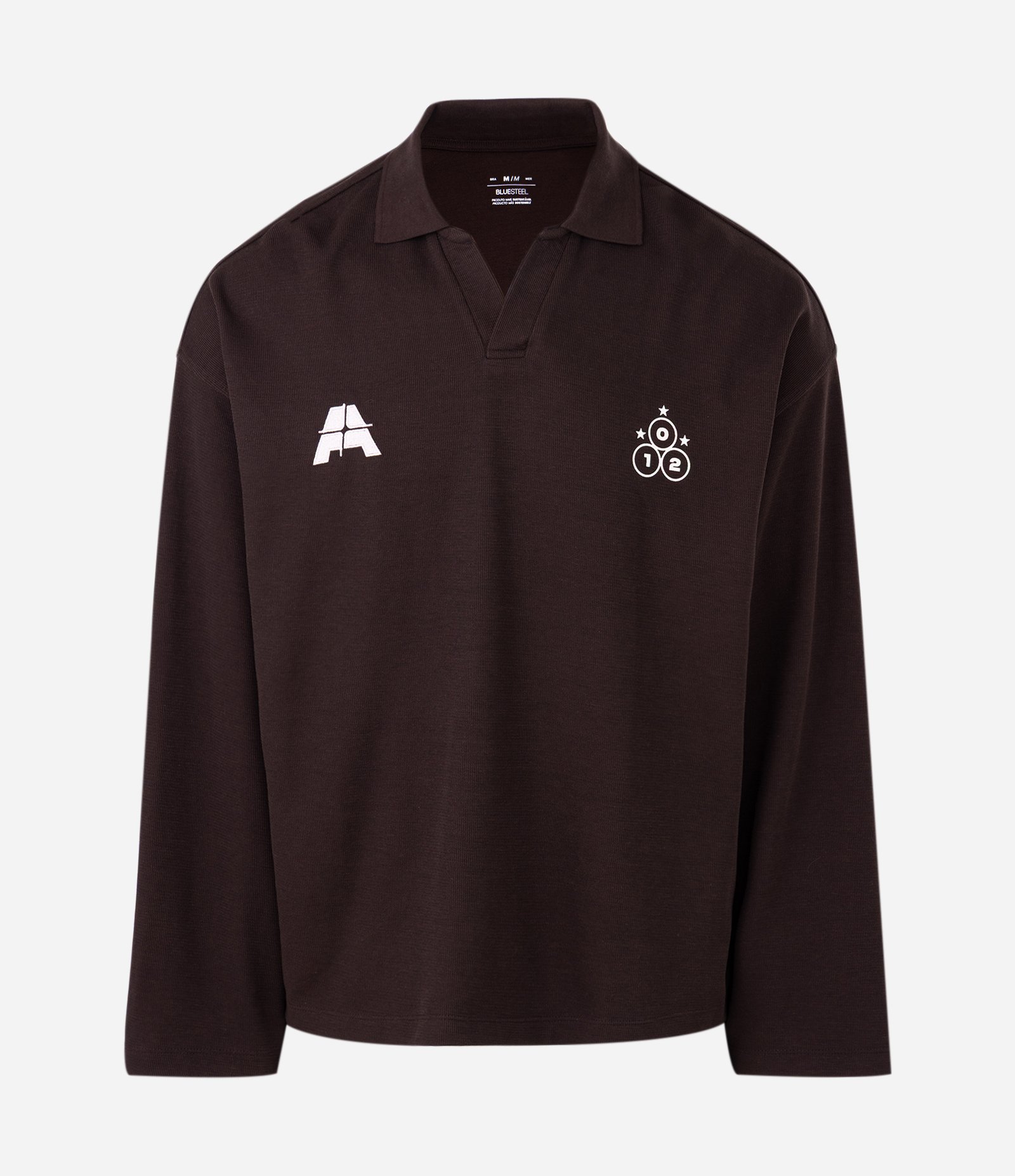 Camiseta Manga Longa Gola Polo Texturizada com Ícone no Peito Marrom 4
