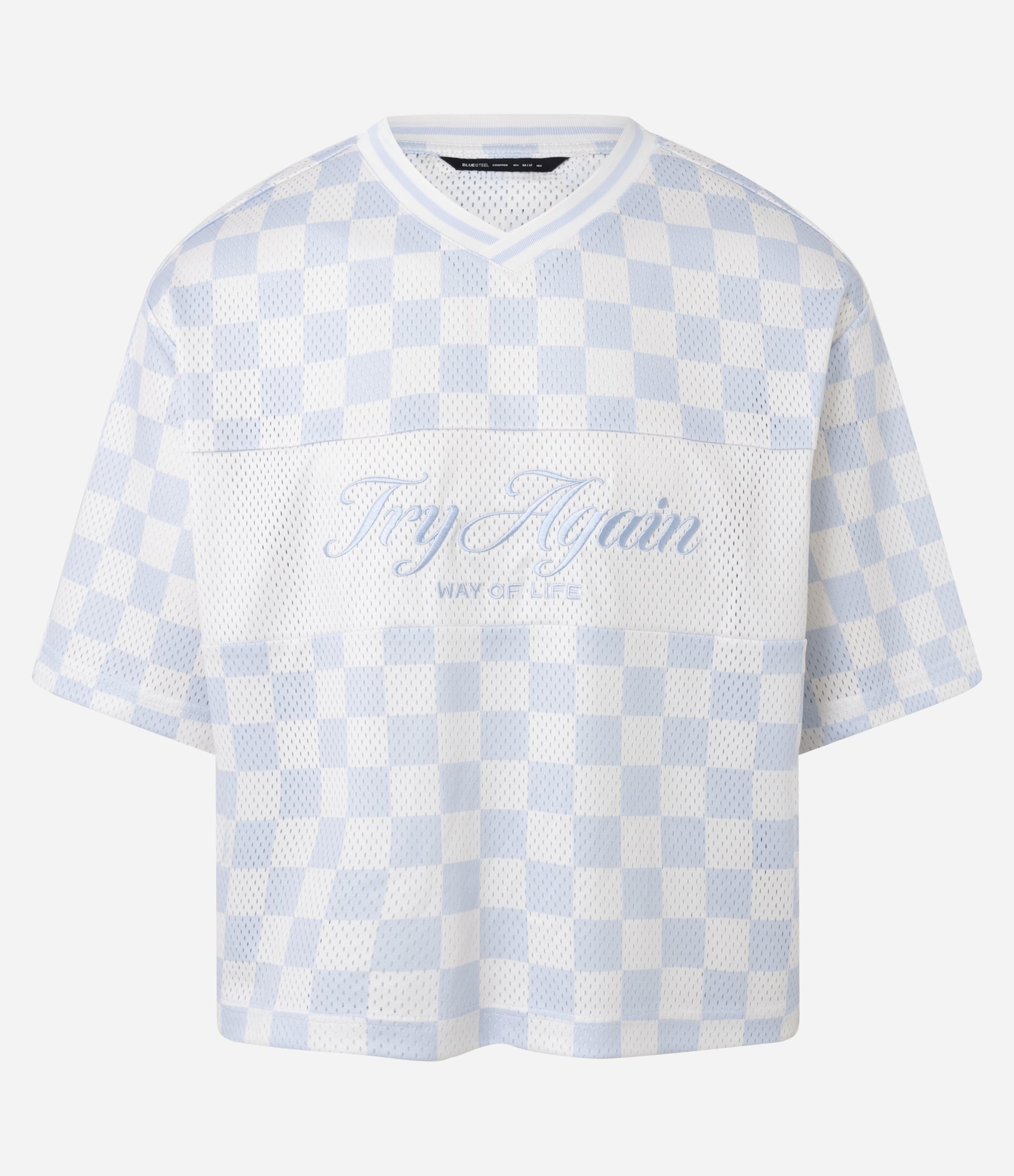Camiseta Boxy Cropped em Mesh Quadriculado com Lettering Bordado Azul 5