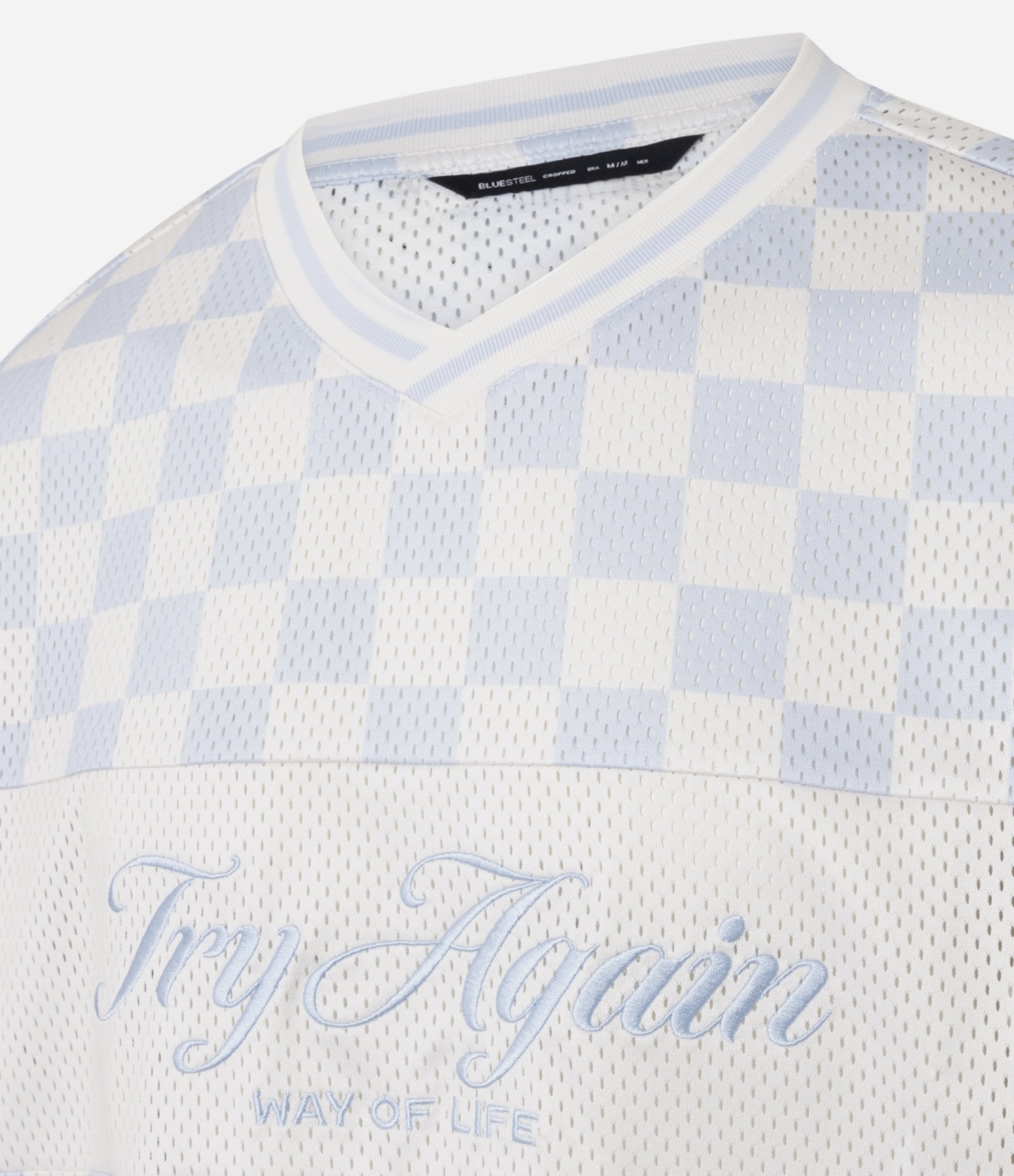 Camiseta Boxy Cropped em Mesh Quadriculado com Lettering Bordado Azul 6