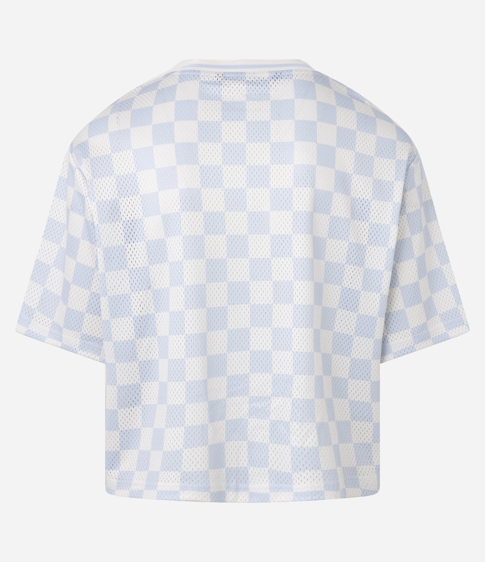 Camiseta Boxy Cropped em Mesh Quadriculado com Lettering Bordado Azul 7