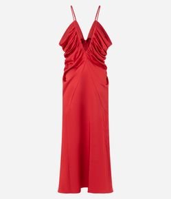 Vestido Longo em Cetim com Alça Fina e Drapeados