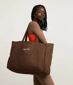 Bolsa Shopper Esportiva Grande em Sarja com Estampa Bordada