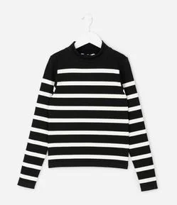 Camiseta Infantil Seamless Listrada com Gola Alta – Tam 5 a 14 Anos