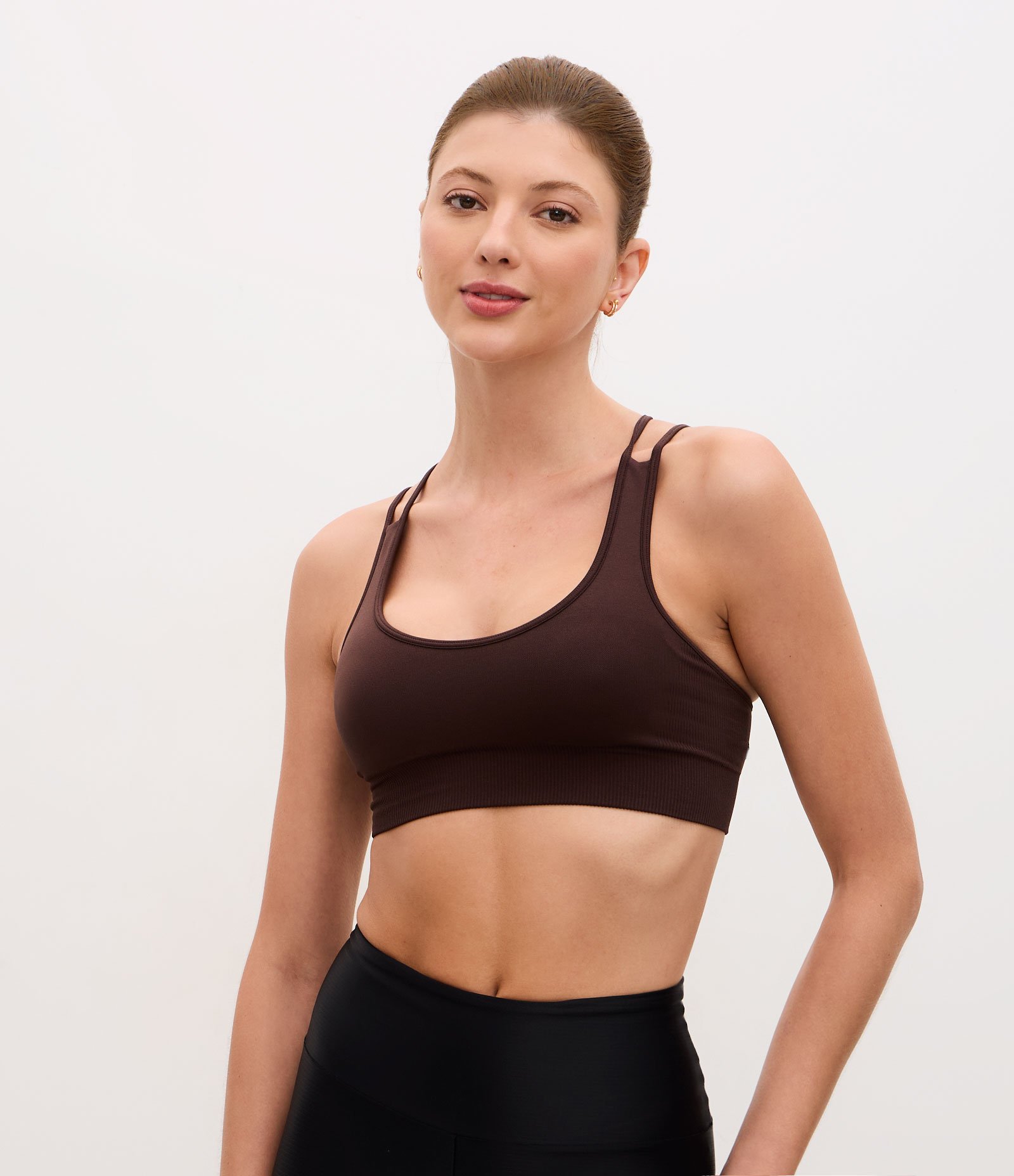 Top Esportivo em Poliamida Seamless com Alças Cruzadas Marrom 1