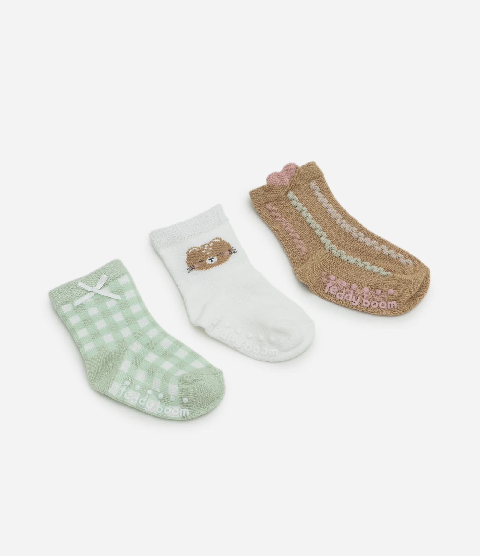 Kit 3 Meias Infantis com Ursinha e Frufru - Tam RN a 12 meses Verde/Branco/Marrom 1