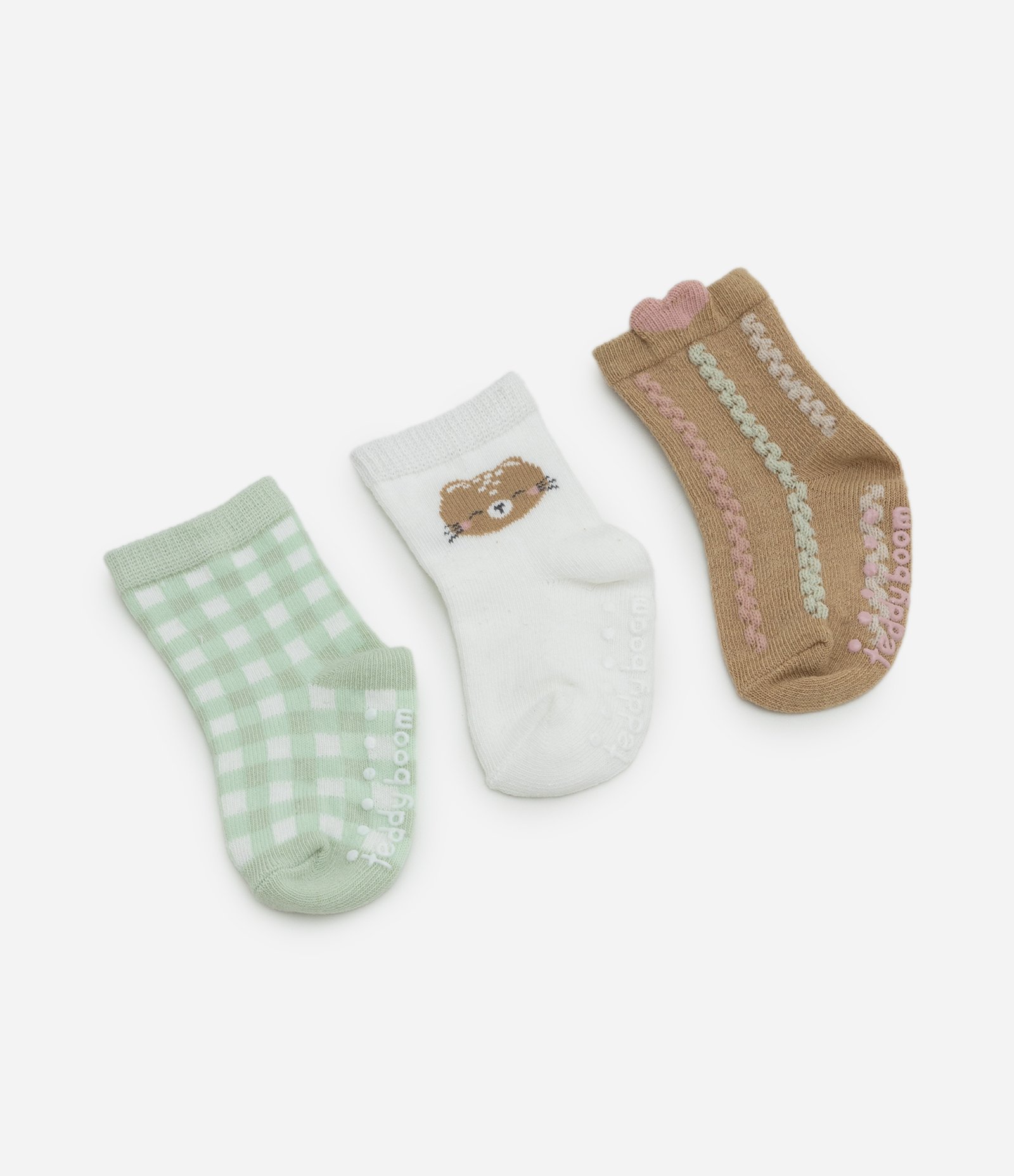 Kit 3 Meias Infantis com Ursinha e Frufru - Tam RN a 12 meses Verde/Branco/Marrom 2