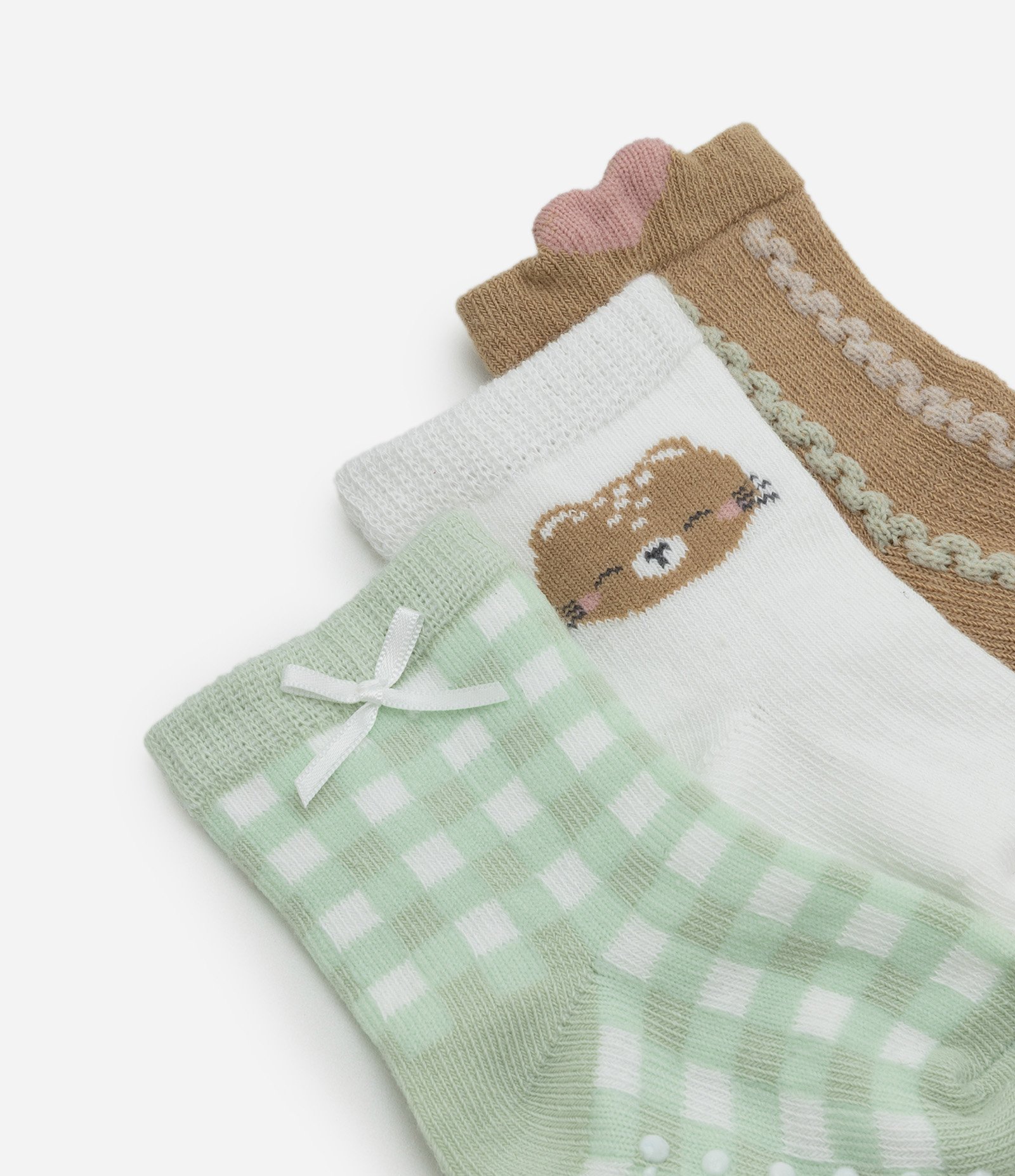 Kit 3 Meias Infantis com Ursinha e Frufru - Tam RN a 12 meses Verde/Branco/Marrom 3