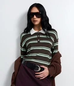 Blusão Slim Polo em Tricô Listrado com Manga Longa