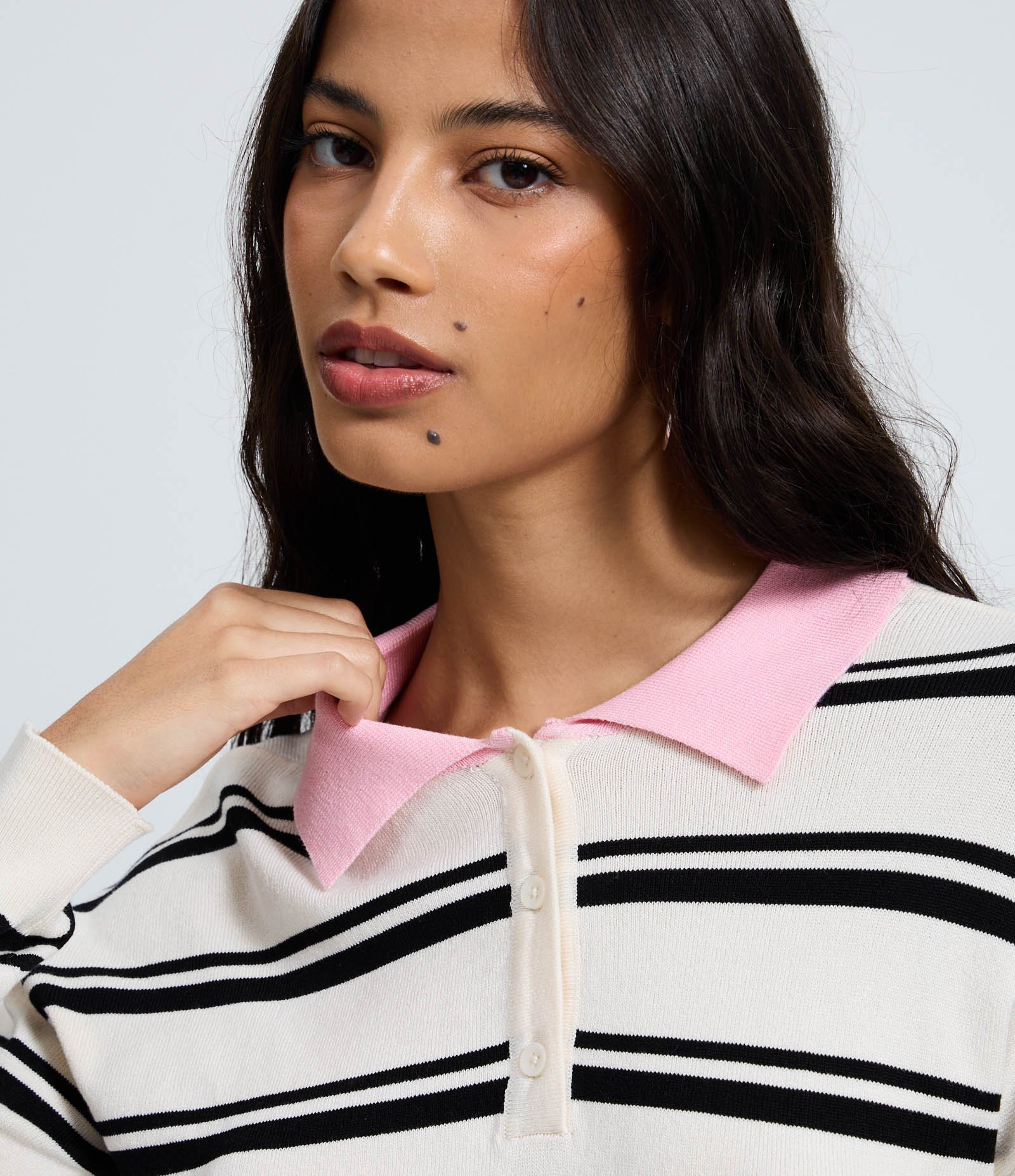 Blusão Slim Polo em Tricô Listrado com Manga Longa Off White 1