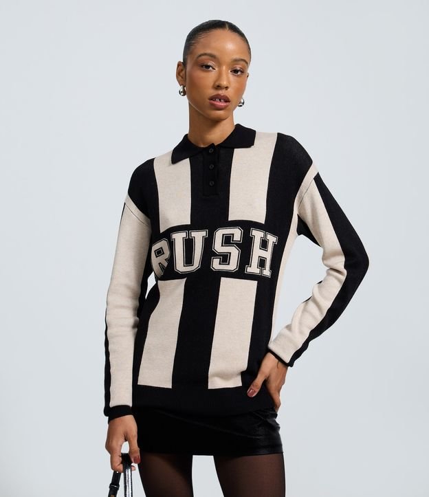 Blusão Oversized Listrado em Tricô com Gola Polo