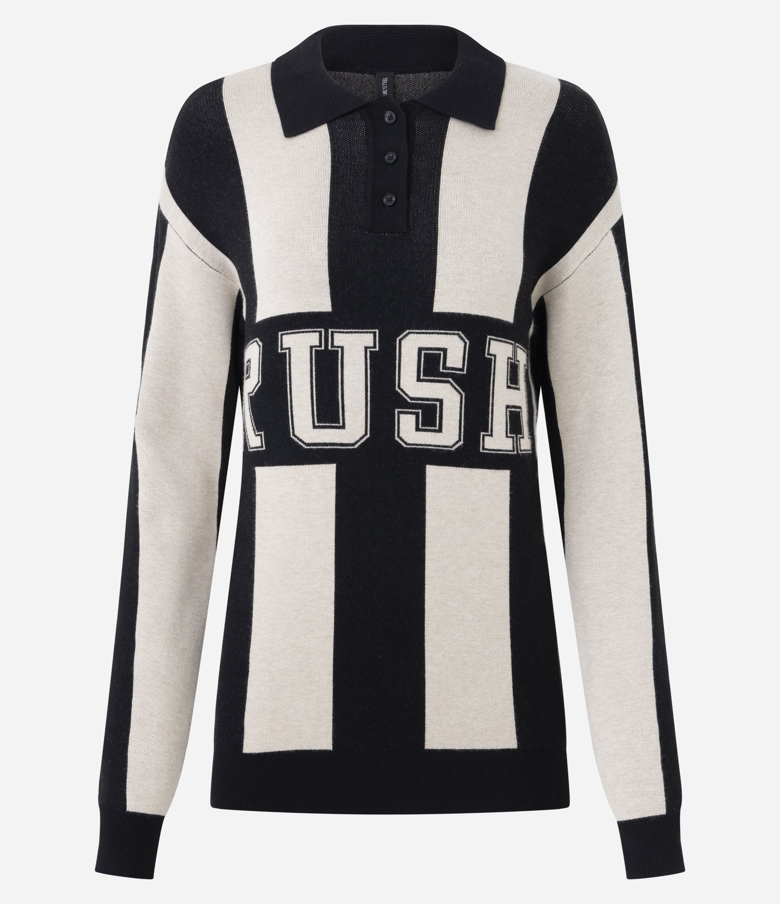 Blusão Oversized Listrado em Tricô com Gola Polo Preto / Branco 1