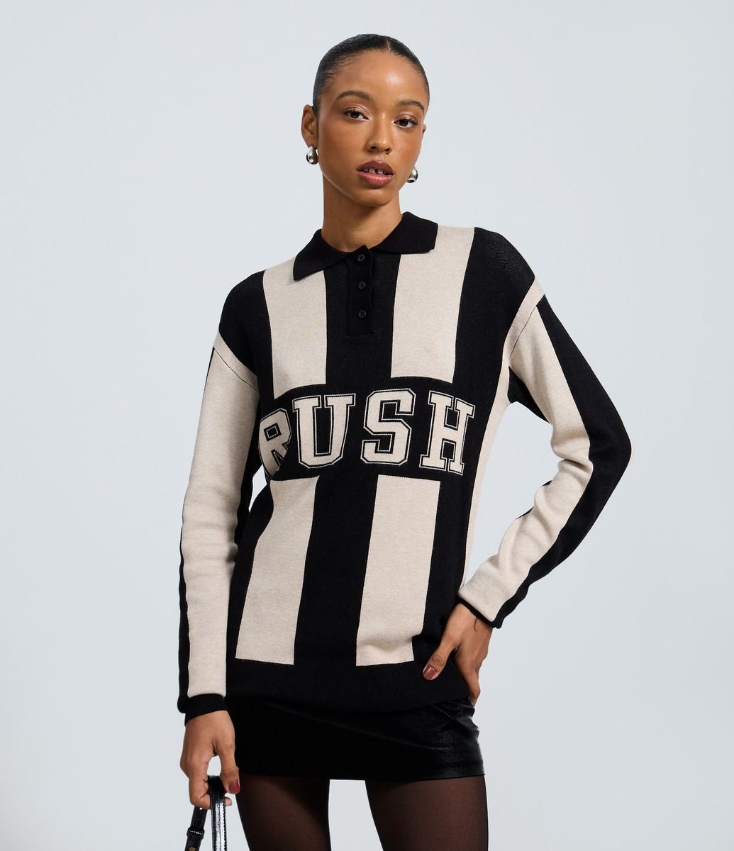 Blusão Oversized Listrado em Tricô com Gola Polo Preto / Branco