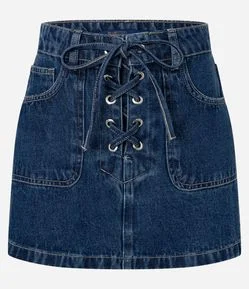 Saia Reta Curta em Jeans com Amarração Frontal